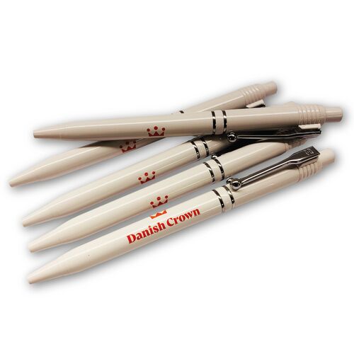 RAJA Chrome recycling pen with Danish Crown logo.