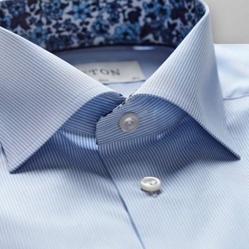 Sky Blue Striped Poplin Shirt - Floral Details
